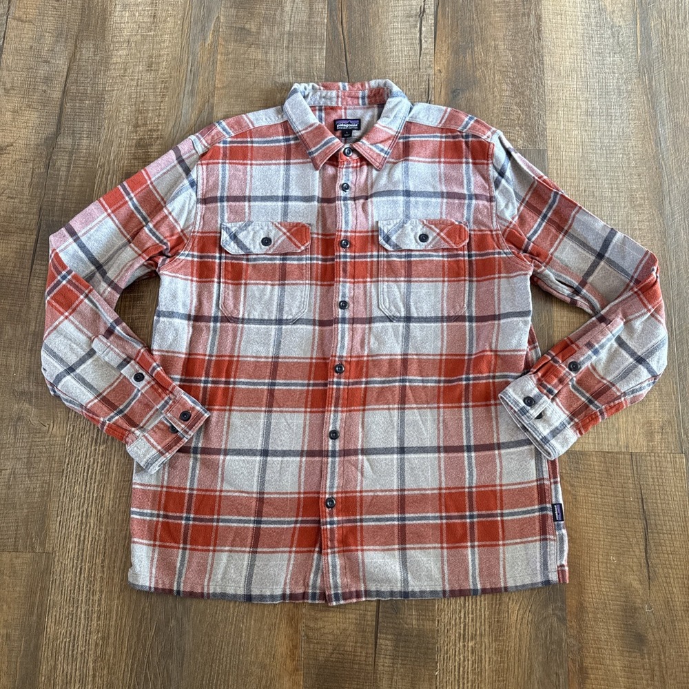 Patagonia Flannel Shirt Mens Large Gray Rust Plaid Organic Cotton Workwear Thick